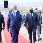 10ème sommet des Chefs d'État et de Gouvernement sur l'Accord d'Addis-Abeba, les Présidents Burundais Evariste Ndayishimiye et Centrafricain Faustin Archange Touadera accueillis à l'aéroport de Ndjili par le Premier Ministre Sama Lukonde